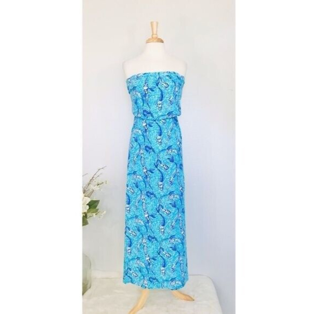 Lilly Pulitzer Strapless Maxi Dress XS Pima Cotton Marlisa Nice Tail Blue Resort